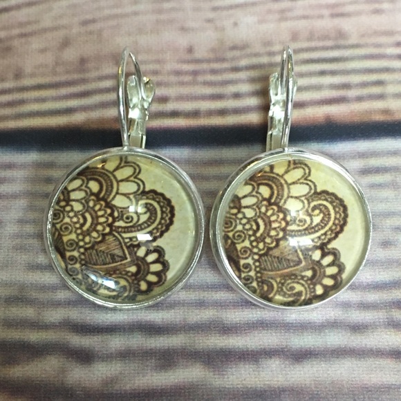 Henna Flower Abstract Glass & Silver Earrings - Picture 2 of 4